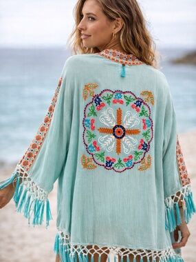✨ Z&L Europe Embroidered Boho Kimono Cardigan – Fringe Tassel Detail ✨